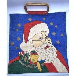 Vintage Santa Clause Christmas Burlap Tote Bag with Wooden Handles Holiday Sack